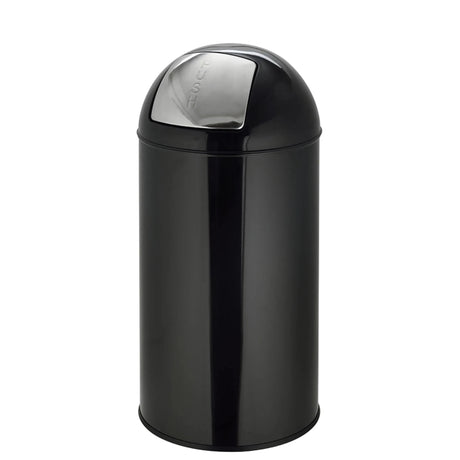 Schwarzer Mülleimer PUSH 50L mit glänzender Oberfläche und silbernem Druckdeckel von hjh OFFICE