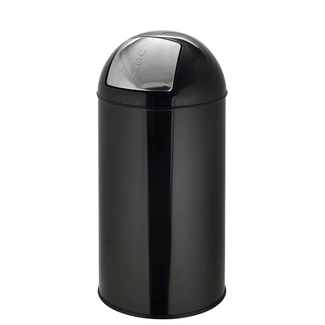 Schwarzer Mülleimer PUSH 50L mit glänzender Oberfläche und silbernem Druckdeckel von hjh OFFICE