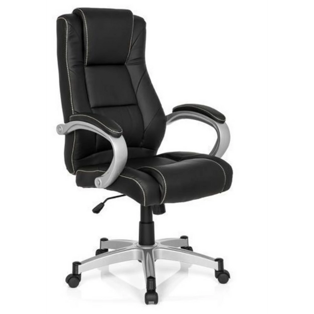 Schwarzer Gamingstuhl RELAX CL180 mit Kunstlederbezug und silberfarbenen Armlehnen von MyBuero