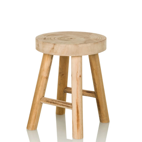 Brauner Sitzhocker RUSTIKO W aus hellem Holz mit runder Sitzfläche und vier Beinen von hjh LIVING