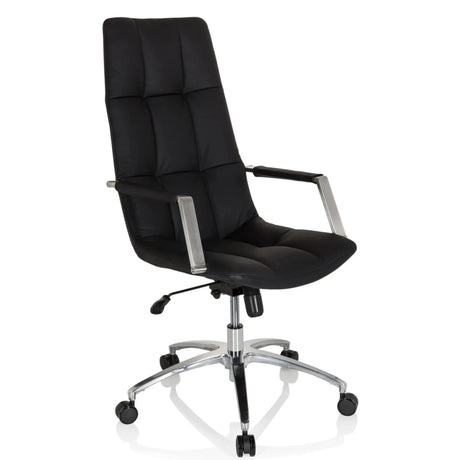 Schwarzer Home-Office-Chefsessel SARANTO PRO aus Leder mit Steppung und Aluminiumfußkreuz von hjh OFFICE