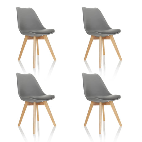 Vier graue Schalenstühle SCANDI 4 mit hellen Holzbeinen im Set von hjh OFFICE