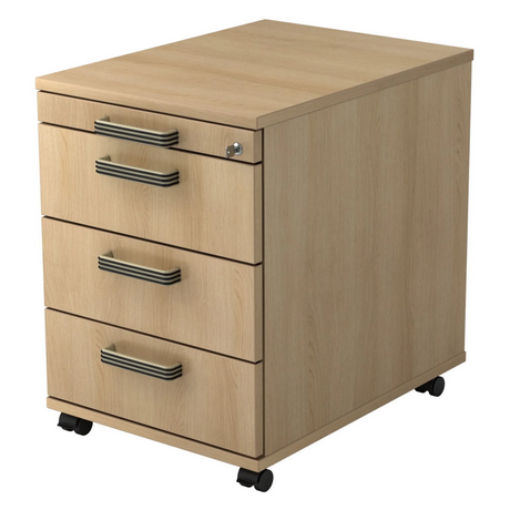 System Rollcontainer SIGNA AC30 in Eiche-Optik mit vier Schubladen, Streifengriffen und Rollen von hjh OFFICE PRO