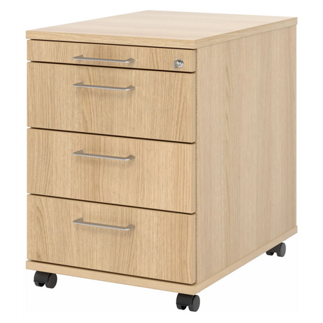 System Rollcontainer SIGNA AC30 in Eiche-Optik mit vier Schubladen und silbernen Bügelgriffen von hjh OFFICE PRO