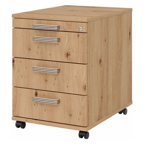 System Rollcontainer SIGNA AC30 in Asteiche-Optik mit drei Streifengriffen und Rollen von hjh OFFICE PRO
