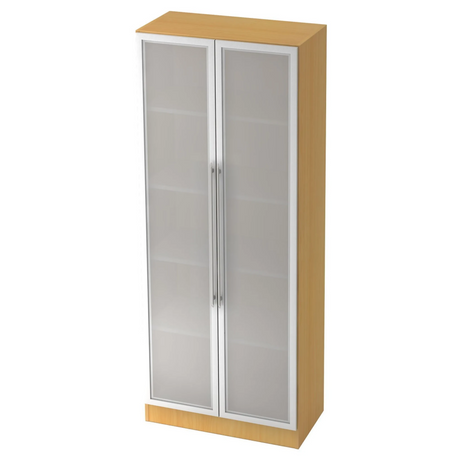 Aktenschrank SIGNA G 7100G in Buche-Optik mit matten Glastüren und silbernen Relinggriffen von hjh OFFICE PRO