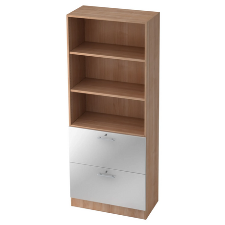 Regal SIGNA G 7300 in Nussbaum-Optik mit drei offenen Fächern und zwei weißen Schubladen von hjh OFFICE PRO