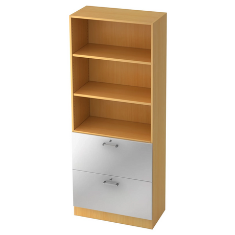 Regal SIGNA G 7300 aus buchefarbenem Holz mit zwei silbernen Schubladen und Chromgriffen von hjh OFFICE PRO