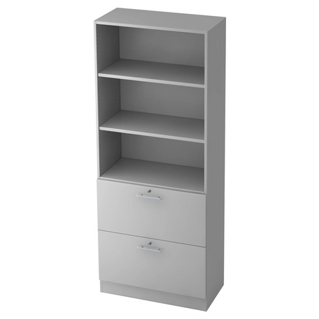 Graues Regal SIGNA G 7300 mit drei offenen Ablagen und zwei Schubladen mit Relinggriffen von hjh OFFICE PRO