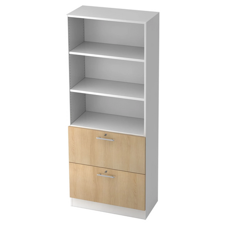 Regal SIGNA G 7300 in Weiß und Eiche mit drei offenen Fächern und zwei Schubladen von hjh OFFICE PRO