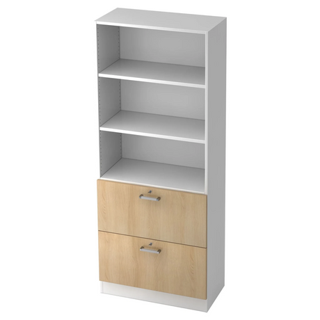 Regal SIGNA G 7300 in Weiß und Eiche mit drei offenen Ablagen und zwei Schubladen von hjh OFFICE PRO