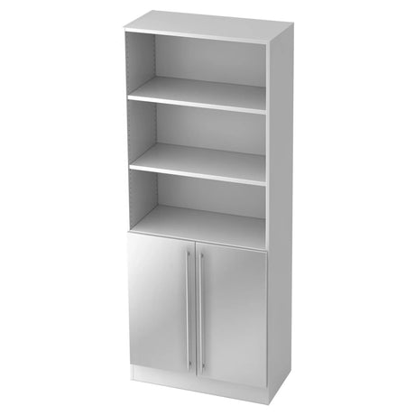 Weißes Regal SIGNA G 7700 mit drei offenen Fächern und einem zweitürigen Schrank mit Relinggriffen von hjh OFFICE PRO