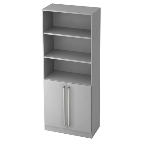 Graues Regal SIGNA G 7700 mit drei offenen Ablagen und einem Unterschrank mit Chromgriffen von hjh OFFICE PRO