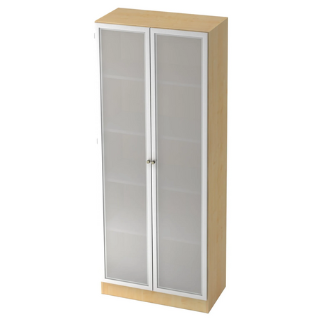 Aktenschrank SIGNA K 6100G SG in Ahorn-Optik mit zwei mattierten Glastüren und silbernen Rahmen von hjh OFFICE PRO