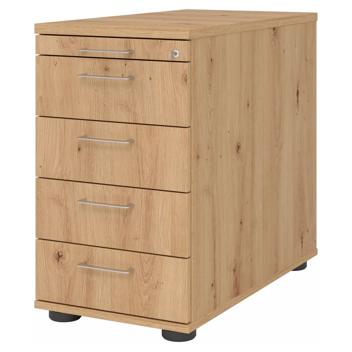 Standcontainer SIGNA SC50 in Asteiche-Optik mit fünf Schubladen und silbernen Bügelgriffen von hjh OFFICE PRO