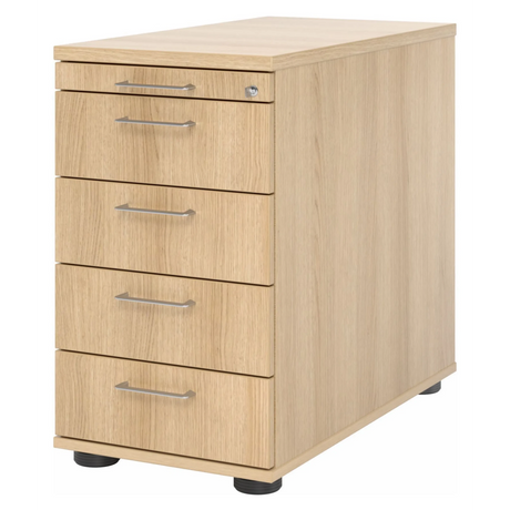 Standcontainer SIGNA SC50 in Eiche-Optik mit vier Schubladen und silbernen Bügelgriffen von hjh OFFICE PRO