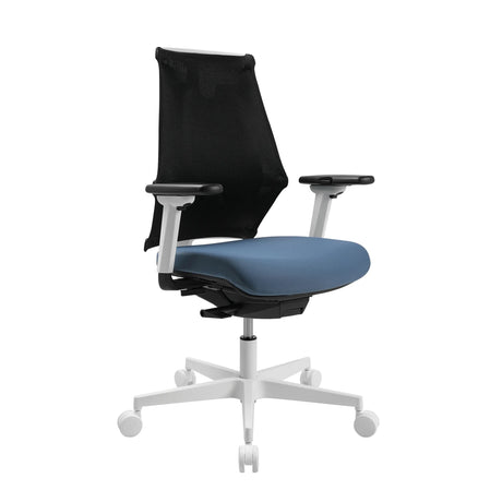 Profi-Bürostuhl Sitness X Back mit weißem Gestell, schwarzer Netzrückenlehne und blauer Sitzfläche von Topstar