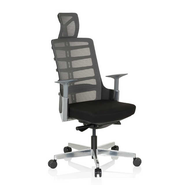 High-End-Bürostuhl SKARIF in Schwarz und Grau mit Netzrückenlehne und Kopfstütze von hjh OFFICE