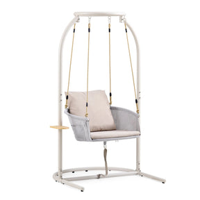 Beiger Hängesessel Skylo mit weißem Metallgestell und hellem Sitzkissen von hjh LIVING