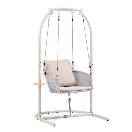 Beiger Hängesessel Skylo mit weißem Metallgestell und hellem Sitzkissen von hjh LIVING