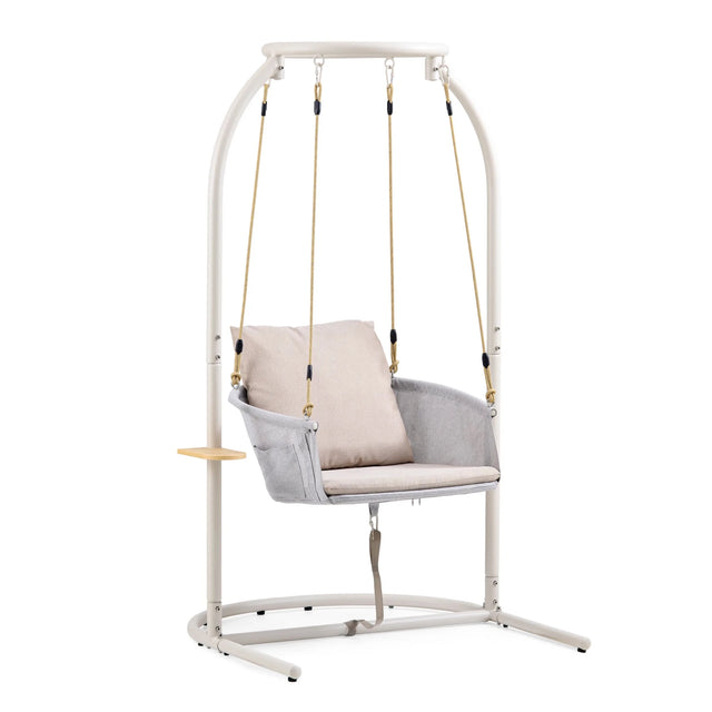 Beiger Hängesessel Skylo mit weißem Metallgestell und hellem Sitzkissen von hjh LIVING