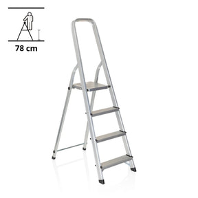 Silberne Klappleiter SOLID II aus Aluminium mit vier Stufen und Handlauf von hjh OFFICE
