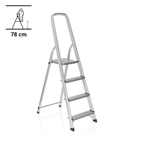 Silberne Klappleiter SOLID II aus Aluminium mit vier Stufen und Handlauf von hjh OFFICE