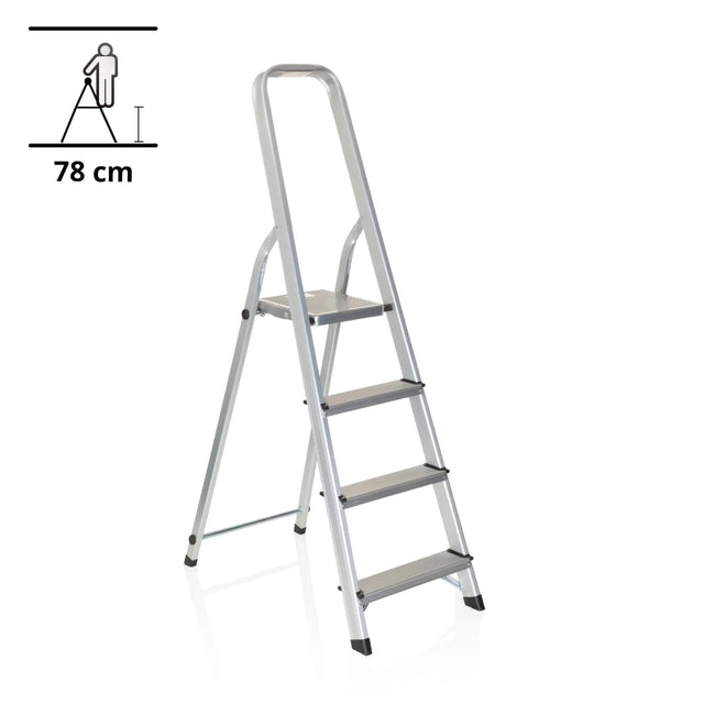 Silberne Klappleiter SOLID II aus Aluminium mit vier Stufen und Handlauf von hjh OFFICE