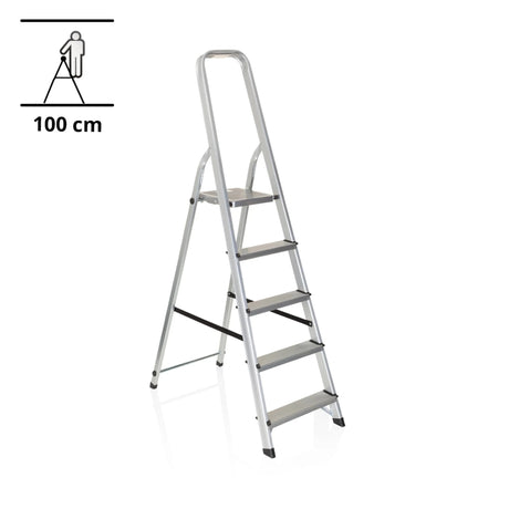 Aluminium-Klappleiter SOLID III mit fünf Stufen und Sicherheitsbügel von hjh OFFICE
