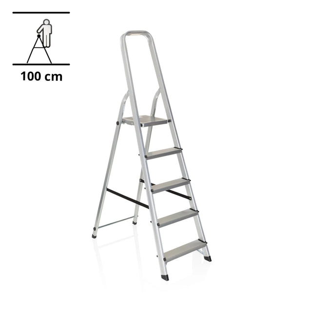 Aluminium-Klappleiter SOLID III mit fünf Stufen und Sicherheitsbügel von hjh OFFICE
