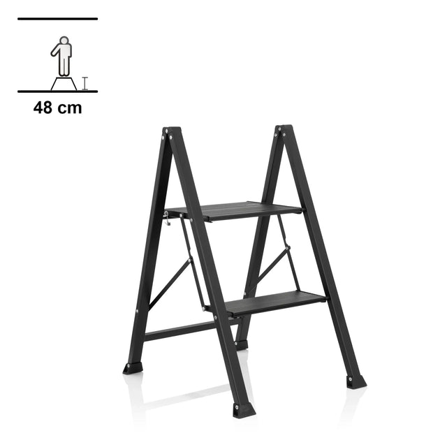 Schwarze Klappleiter SOLID W5 mit zwei Stufen und einer Höhe von 48 cm von hjh OFFICE