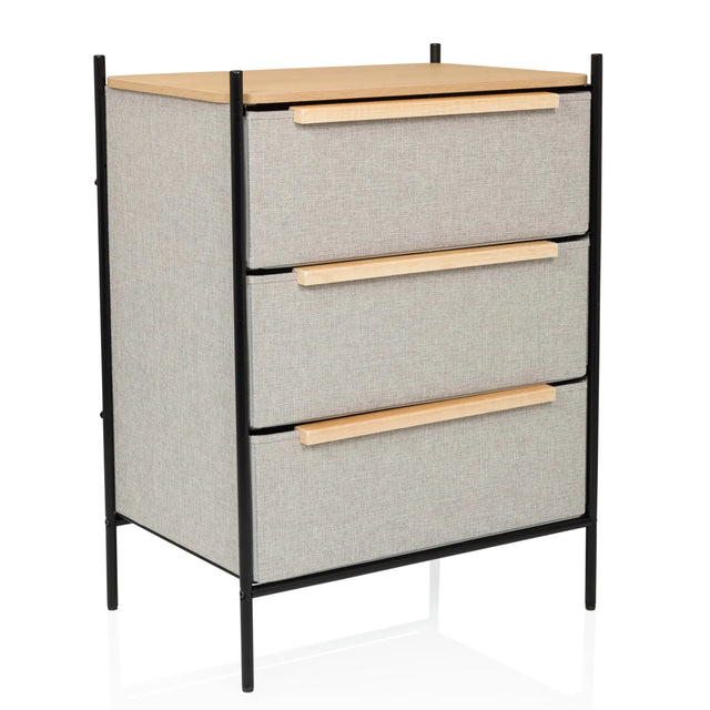 Kommode STUVAR in Taupe mit drei Schubladen, Holzgriffen und schwarzem Metallgestell von hjh LIVING