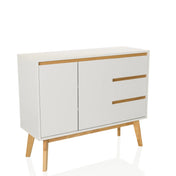 Weißes Sideboard TAROLO I mit holzfarbenen Füßen und Griffleisten von hjh LIVING