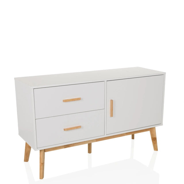 Weißes Sideboard TAROLO mit zwei Schubladen, einer Tür und hellen Holzbeinen von hjh LIVING