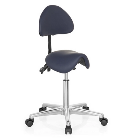 Blauer Sattelhocker TOP WORK 20 mit Rückenlehne und silbernem Sternfuß auf Rollen von hjh OFFICE