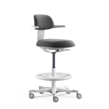 Arbeitsstuhl TOP WORK 40 W mit dunkelgrauem Bezug, weißem Gestell und Fußring auf Rollen von hjh OFFICE