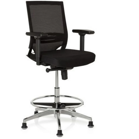 Schwarzer Counterstuhl TOP WORK 77 mit Netzrückenlehne, Fußring und glänzendem Metallgestell von hjh OFFICE