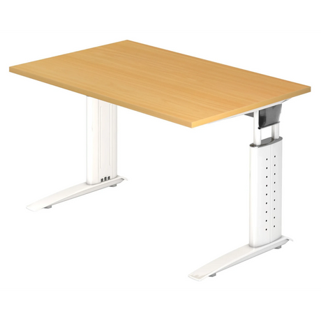 Höhenverstellbarer Schreibtisch UNDA 12 W mit hellbrauner Bucheplatte und weißem Gestell von hjh OFFICE PRO