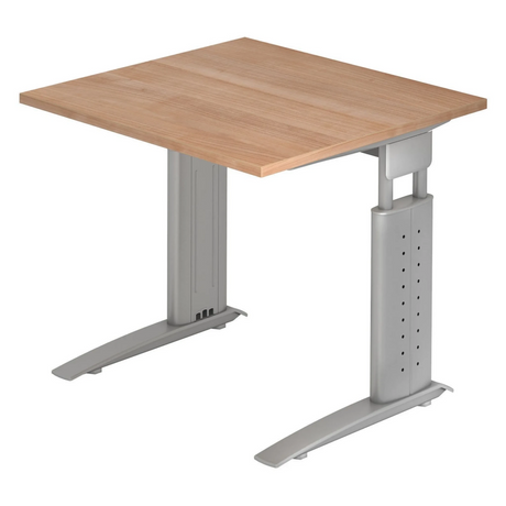 Höhenverstellbarer Schreibtisch UNDA 8 S mit Nussbaum-Platte und silbernem Gestell von hjh OFFICE PRO