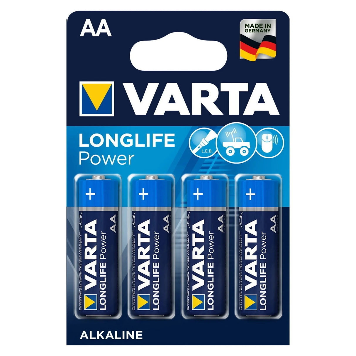 Vier blaue Batterien VARTA im Vierer-Set in einer Blisterpackung von VARTA