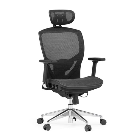 High-End-Bürostuhl VENUS ONE mit schwarzem Netzbezug, Kopfstütze und silbernem Fußkreuz von hjh OFFICE