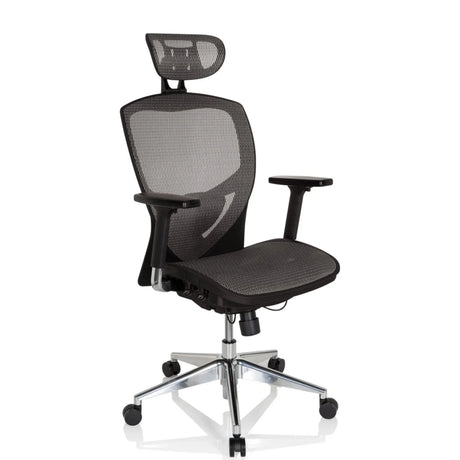 High-End-Bürostuhl VENUS ONE in Schwarz und Silbergrau mit Netzbezug und Kopfstütze von hjh OFFICE