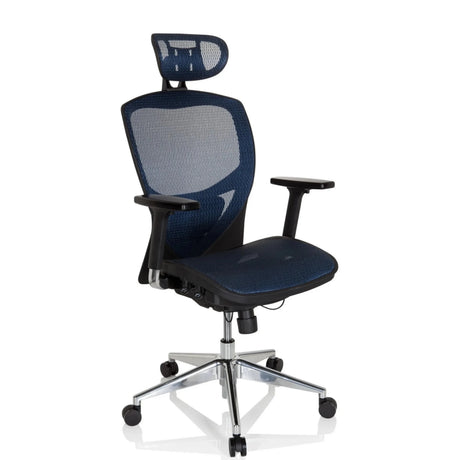 High-End-Bürostuhl VENUS ONE mit blauem Netzbezug, Kopfstütze und silbernem Fußkreuz von hjh OFFICE