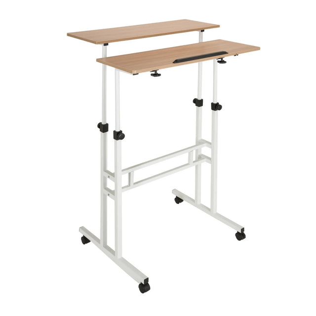 Stehschreibtisch WORKSTATION I in Weiß und Eiche mit zwei Arbeitsflächen und Rollen von hjh OFFICE