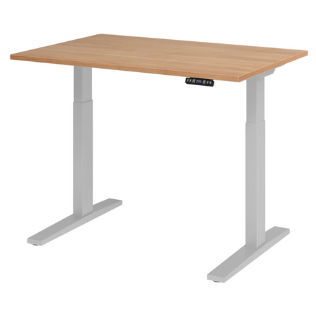 Elektrisch höhenverstellbarer Schreibtisch XMKA 12 S mit hellbrauner Nussbaumplatte und grauem Gestell von hjh OFFICE PRO