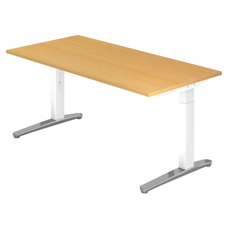 Höhenverstellbarer Schreibtisch XTRA XB 16 WC in Buche mit weißem Gestell und silbernen Füßen von hjh OFFICE PRO