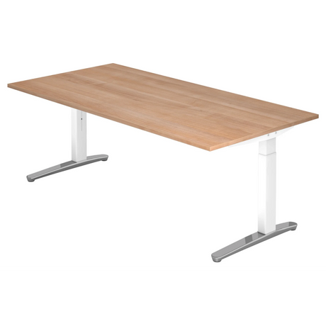 Höhenverstellbarer Schreibtisch XTRA XB 2E WC in Nussbaumoptik mit weißen Beinen von hjh OFFICE PRO