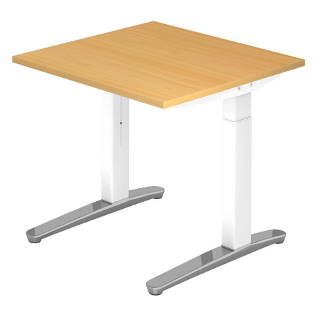 Höhenverstellbarer Schreibtisch XTRA XB 8 WC in Buche mit weißen Beinen und silbernen Füßen von hjh OFFICE PRO