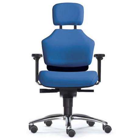 High-End-Bürostuhl ZERO 51 AL mit blauem Bezug, Kopfstütze und silbernem Fußkreuz von Sitwell Steifensand