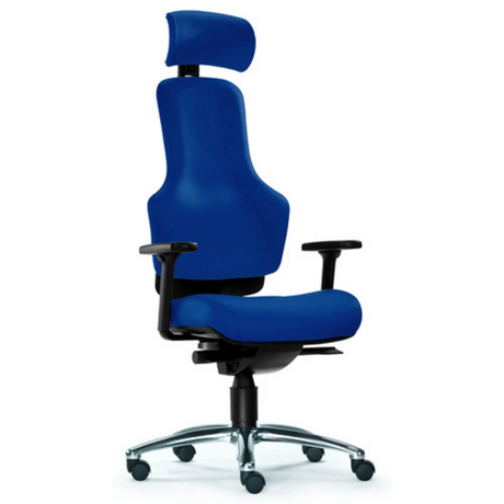 High-End-Bürostuhl ZERO O1 AL S mit blauem Stoffbezug, Kopfstütze und silbernem Fußkreuz von Sitwell Steifensand